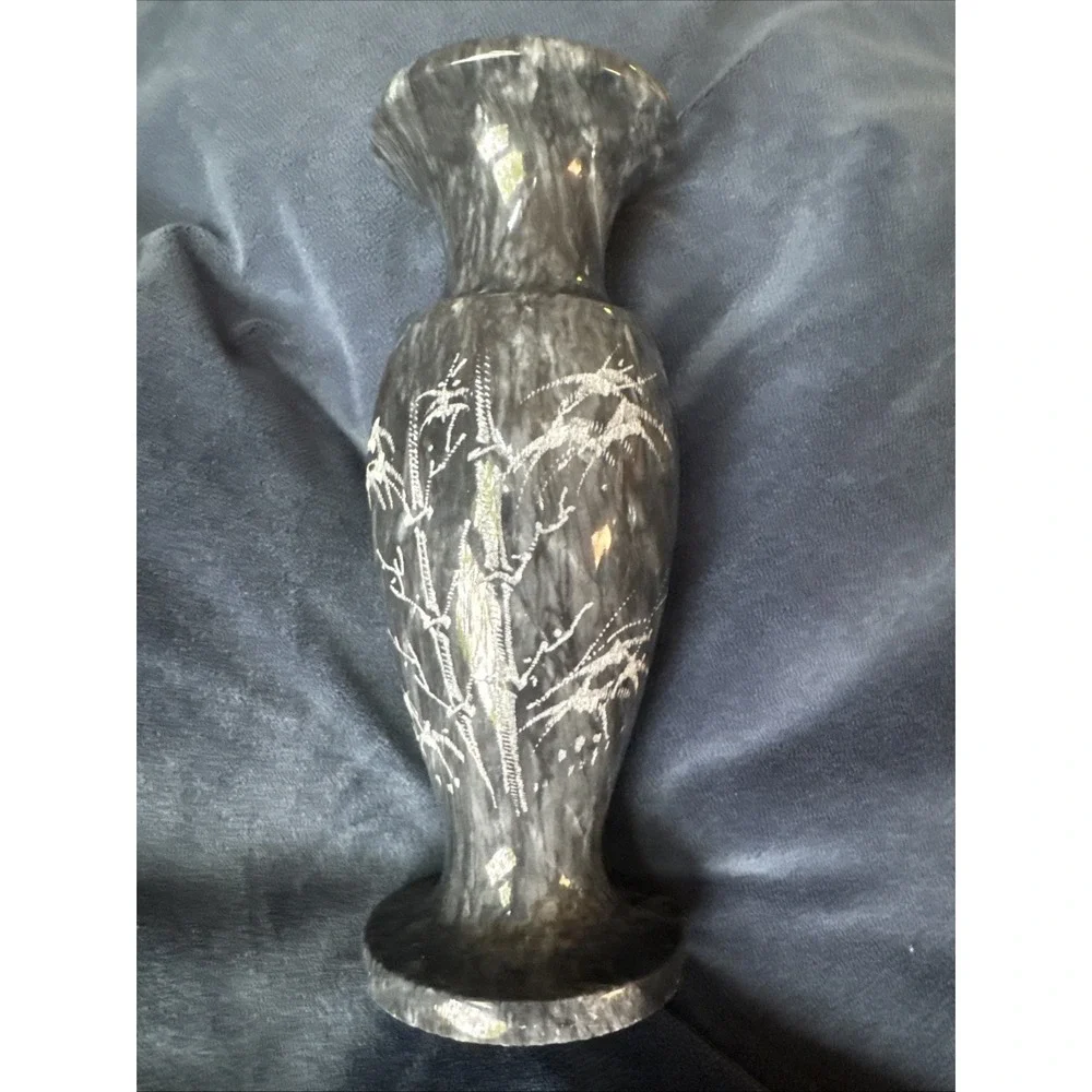 Black Marble Vase Asian Etched Bamboo VTG 1970s‎ 8 Inches Tall Chinese Folklore